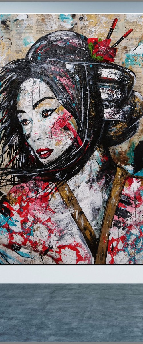 Pink Cherry Geisha 120cm x 150cm Geisha Book Page Urban Pop Art by Franko