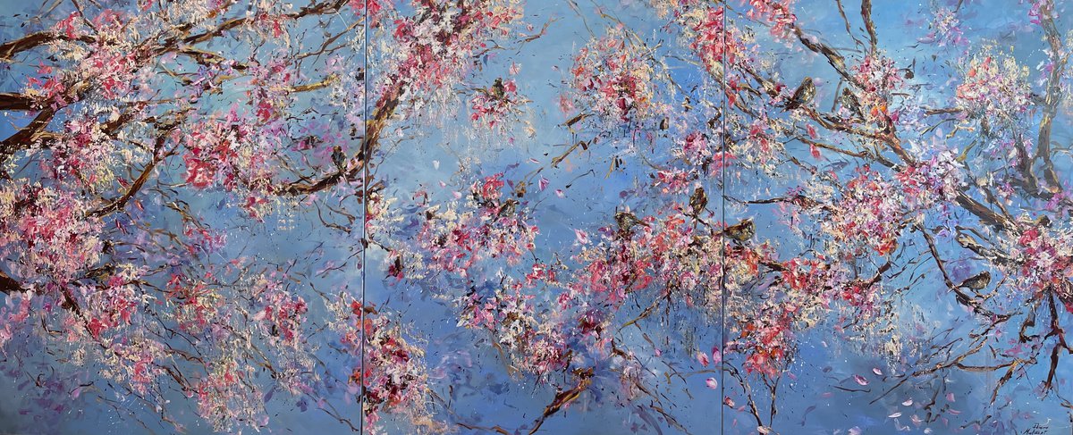 Impressionistic Botanical Oil Painting By Diana Malivani, 142 X 59, Spring. Triptych, Original Artwork