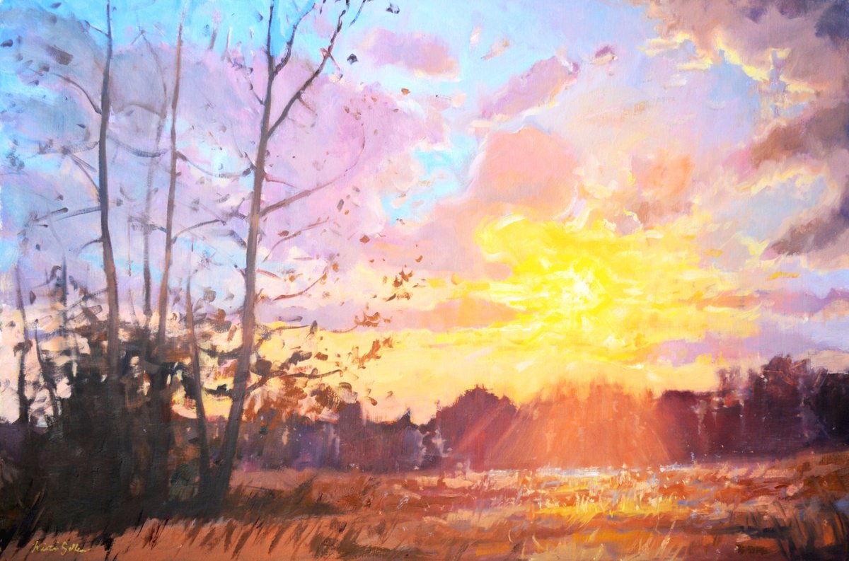 Impressionistic Landscape Oil Painting By Kristina Sellers, 36 X 24", Cascadian Sunset, Original Artwork