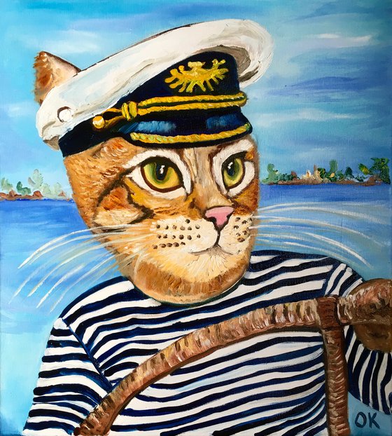 Troy The  Cat- Captain  oil painting for cat lovers.