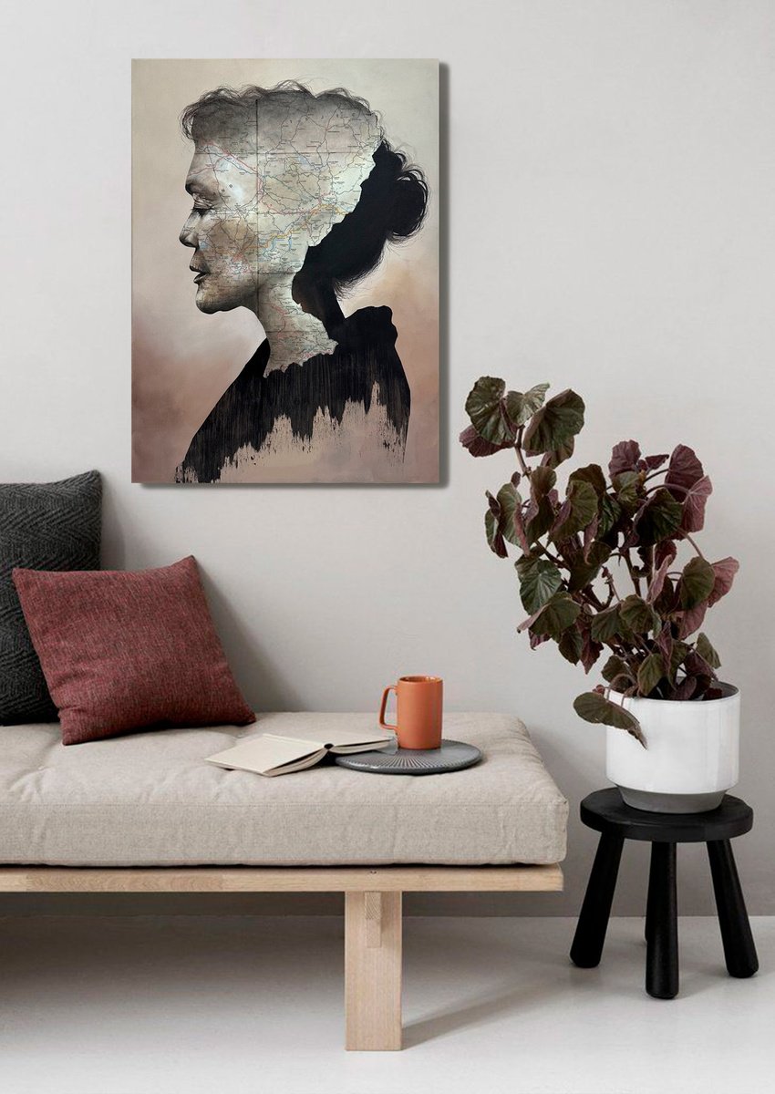 Abstract Portrait Painting By Julia Shilo, 20 X 28", The Geography Of Absence - Portrait On Map, Original Artwork