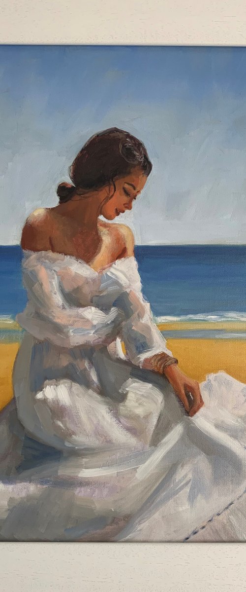 Impressionist beach female figure oil painting. 40x50cm framed ready to hang. by Jackie Smith