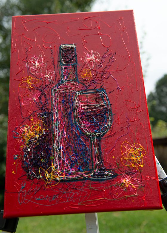2 Colorful Wine Art   Abstract  (11”X 17”X0.5"  -  inspired by Pollock )