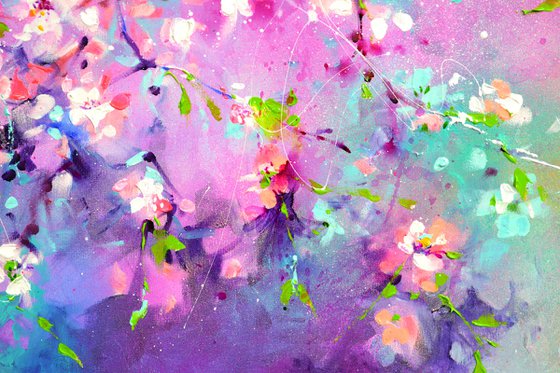 I've Dreamed 55 - Sakura Colorful Blossom - 150x60 cm, Palette Knife Modern Ready to Hang Floral Painting - Flowers Field Acrylics Painting