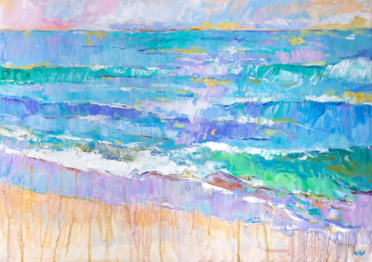 Impressionistic Landscape Oil Painting By Vasyl Moldavchuk, 28 X 20", July Sea, Original Artwork