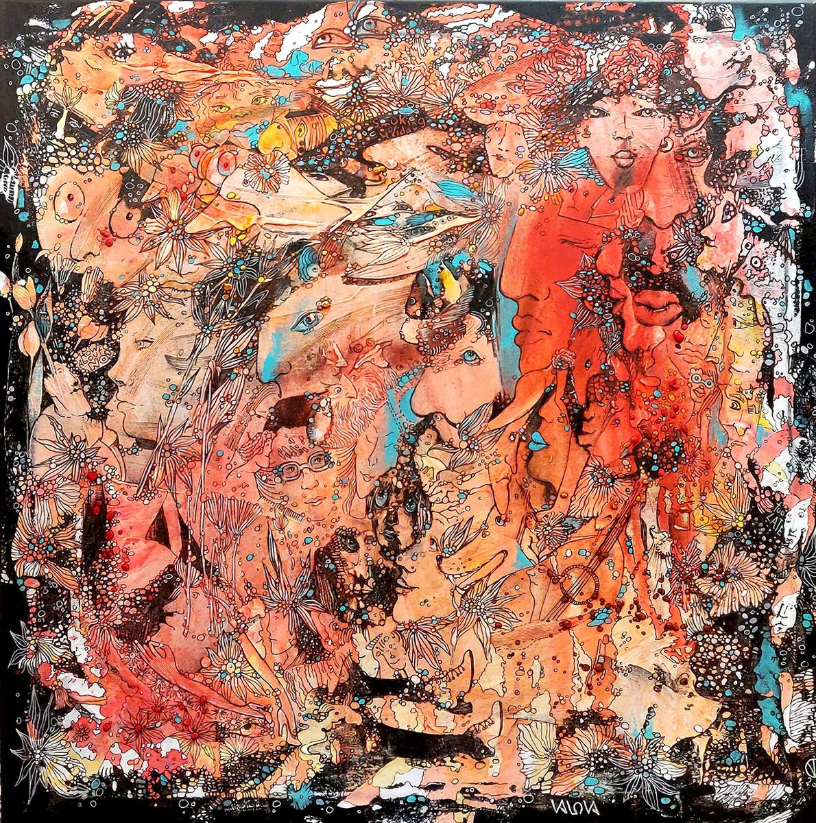 Surrealistic Abstract Acrylic Painting By Vio Valova, 35 X 35", "Two Doves And A Chicken" 90X90Cm Canvas, Original Artwork