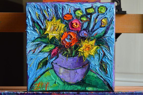 Wildflowers Bouquet On Green Table - Modern impressionist Impasto Palette Knife Oil Painting on canvas