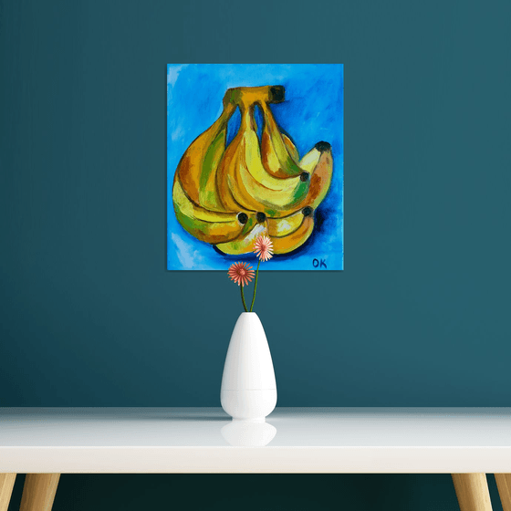 Bananas on  turquoise  Still life. Palette knife painting on linen canvas