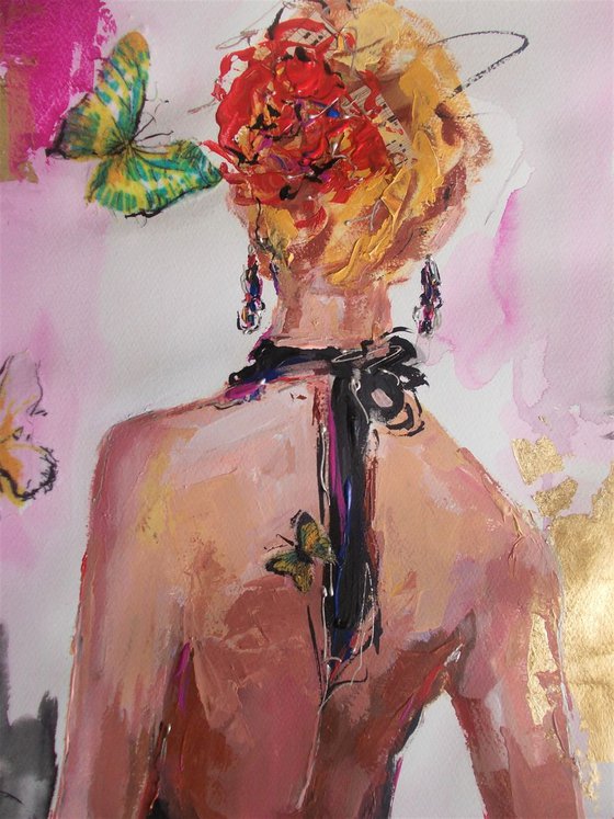 Red Flower -Woman Acrylic Mixed Media  Painting on Paper
