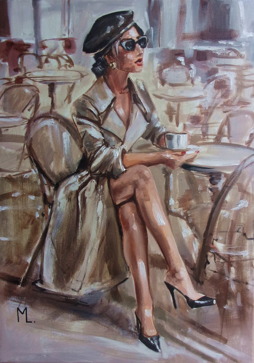 Expressive Portrait Oil Painting By Monika Luniak, 20 X 28", " Drinking Coffee In A Parisian Cafe ", Original Artwork