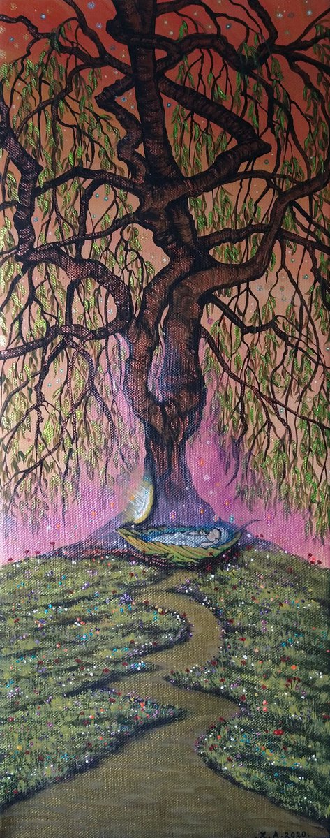 Surrealistic Landscape Acrylic Painting By Zoe Adams, 8 X 20", Willow Tree Baby, Original Artwork