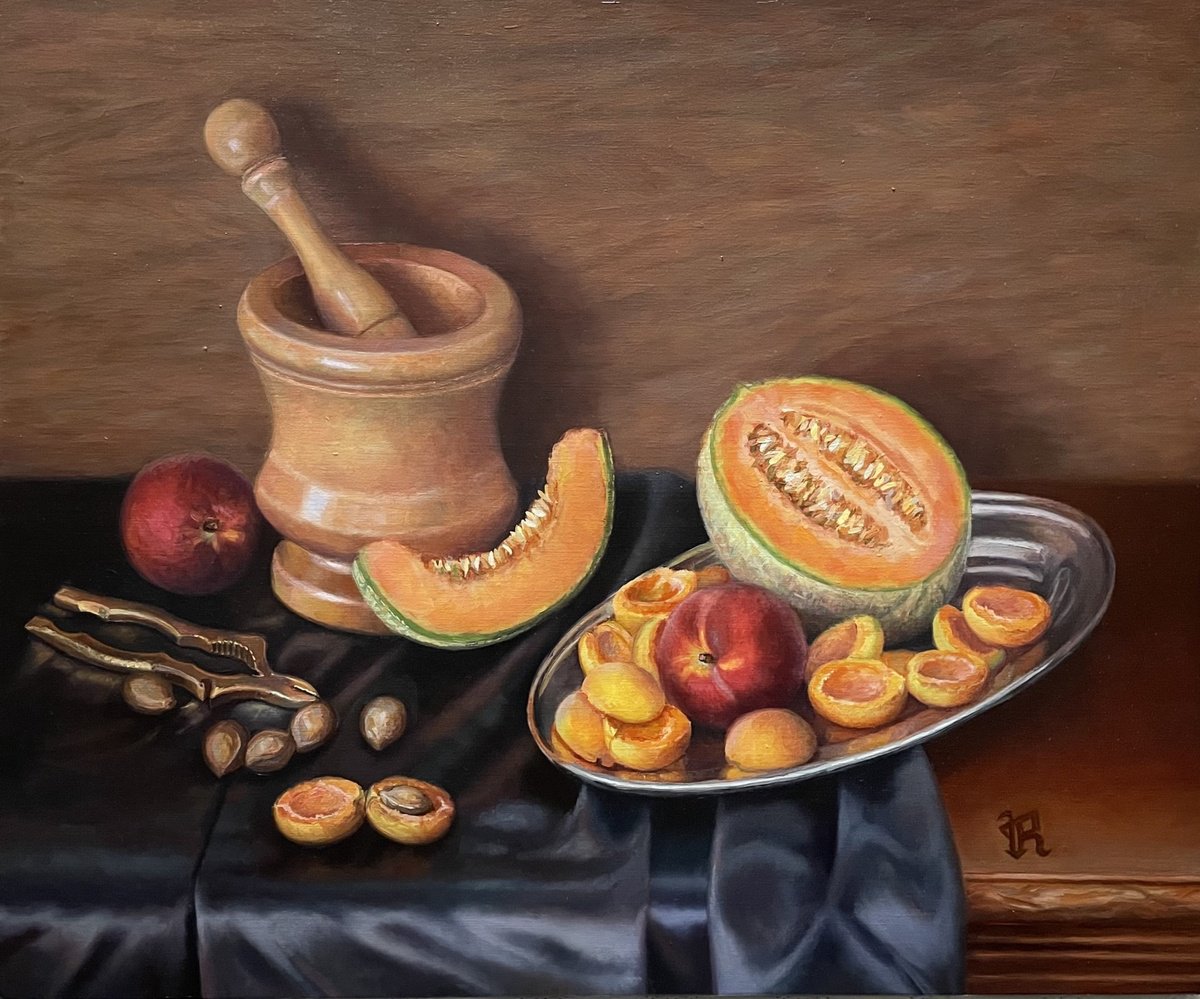 Still Life Oil Painting By Yana Rikusha, 26 X 22", Aroma Melon, Original Artwork