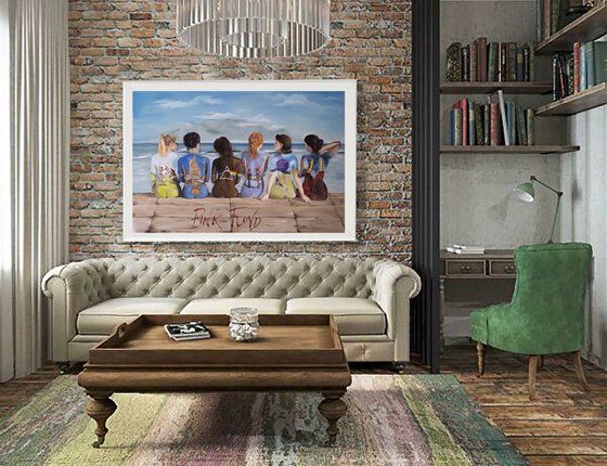 Pink Floyd. Oil painting with famous band.Women,girls.See,mountains and landscape. Sex girls
