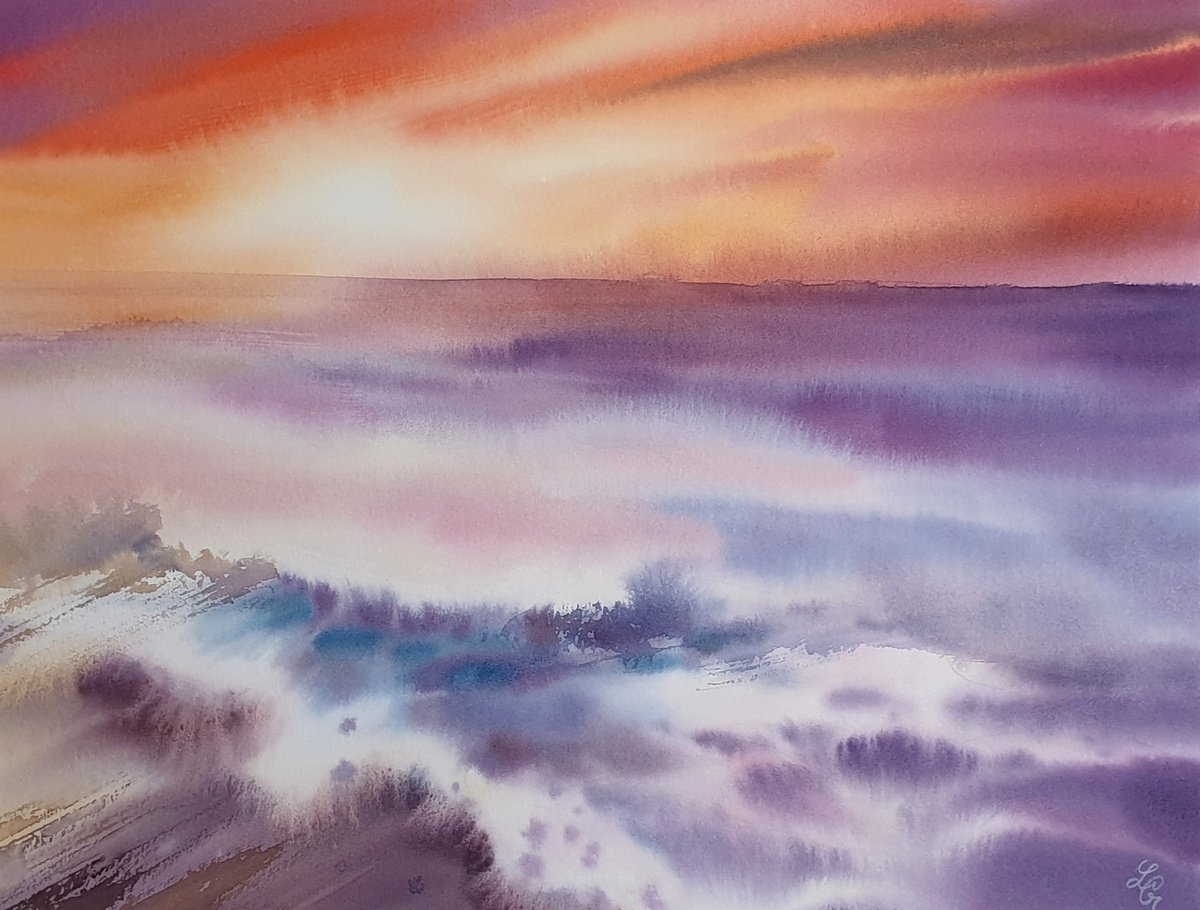 Impressionistic Landscape Watercolour By Elena Genkin, 15 X 11, Red Sea Sunset, Original Artwork