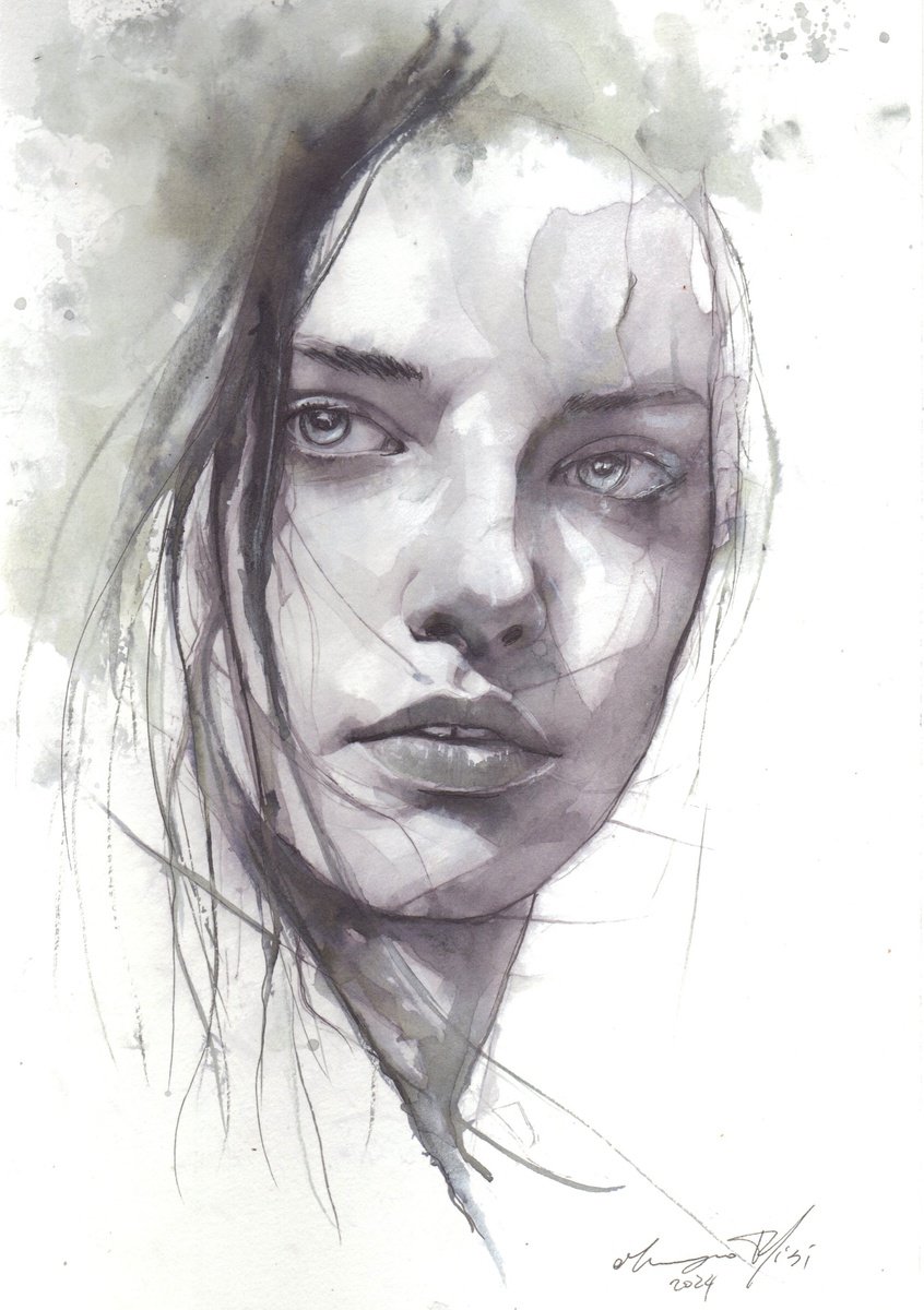 Urban And Pop Portrait Ink Drawing By Maurizio Puglisi, 8 X 11", Clear Eyes, Original Artwork