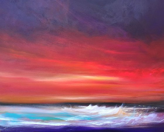 Day's End - Sunset, Seascape, Red, Skies - XL, Modern Art Office Decor Home