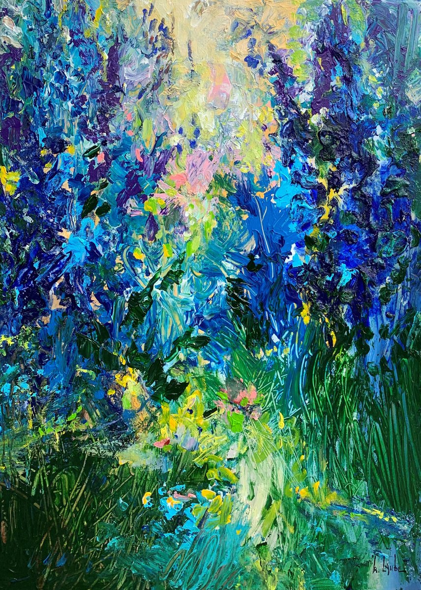 Expressive Botanical Acrylic Painting By Irina Laube, 20 X 28, Summer Garden Iv, Original Artwork