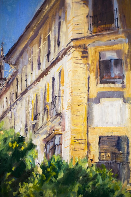 Sevilla. VIEW OF GIRALDA IN SUNNY DAY. ORIGINAL oil painting. contrast BRIGHT CITY URBAN LANDSCAPE VIEW SUN LIGHT