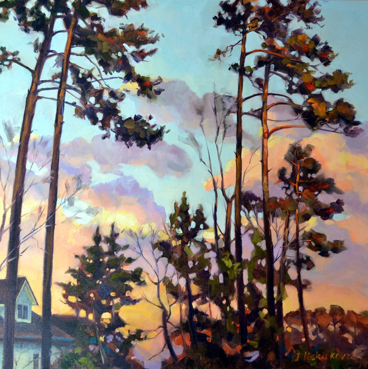 Landscape Oil Painting By Irina Ushakova, 24 X 24, At The End Of A Day 2, Original Artwork