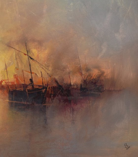 " Harbor of destroyed dreams - Hazy morning " W 70 x H 70 cm