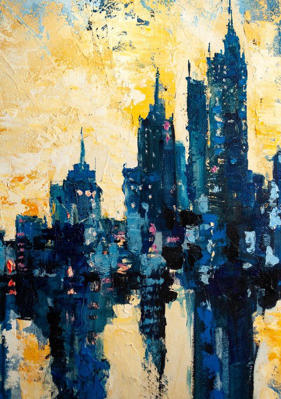 "Sunny rain" abstract painting , evening city