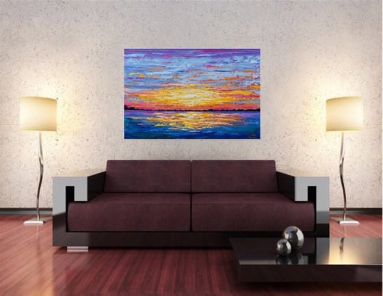 Ocean Sunset- Original Painting on Canvas, Heavy impasto seascape artwork