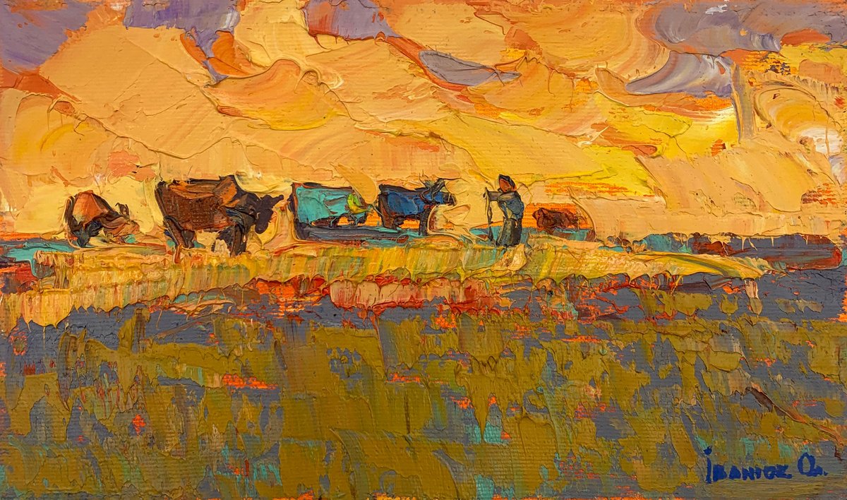 Impressionistic Landscape Oil Painting By Kalenyuk Alex, 10 X 6", Pink Evening, Original Artwork