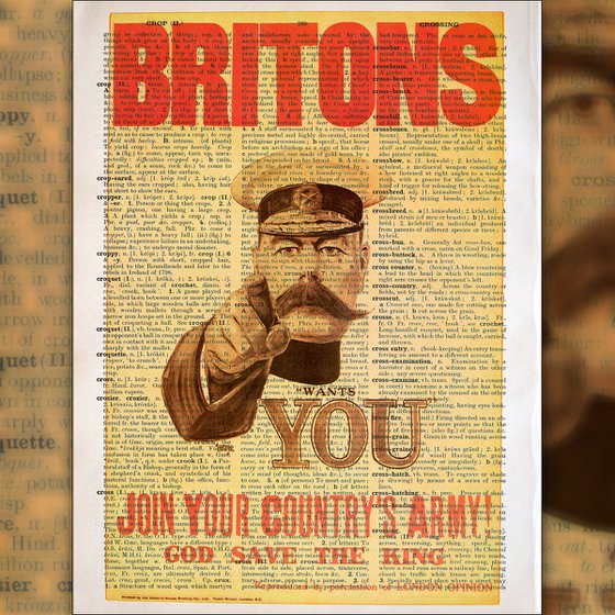 Britons: Join Your Country's Army! - Collage Art Print on Large Real English Dictionary Vintage Book Page