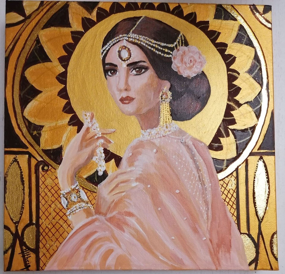 Impressionistic Portrait Acrylic Painting By Martine Vinsot, 11 X 11", La Femme Aux Bijoux, Original Artwork