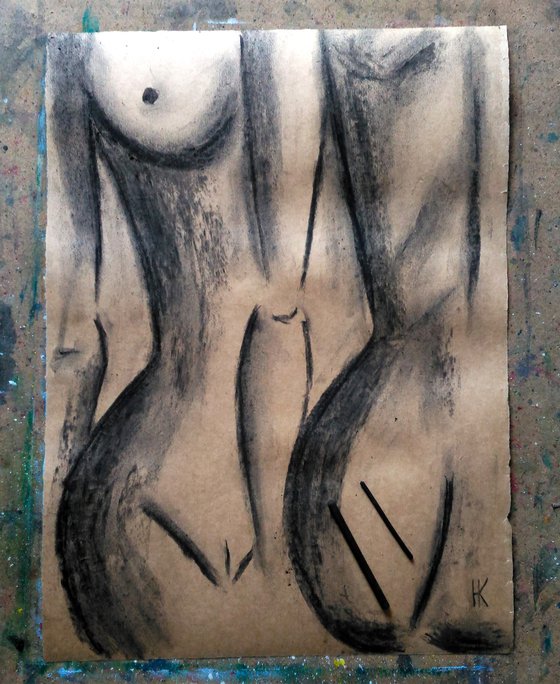 Lesbian Painting LGBT Original Art Couple Artwork Female Nude Drawing Woman Nude Charcoal Sketch Erotic Painting Home Wall Art 12 by 17" by Halyna Kirichenko