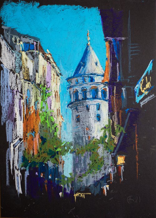 Galata tower in Istanbul. Original oil pastel painting. Small city street scene impressionism impression architecture decor travel turkey urban by Sasha Romm