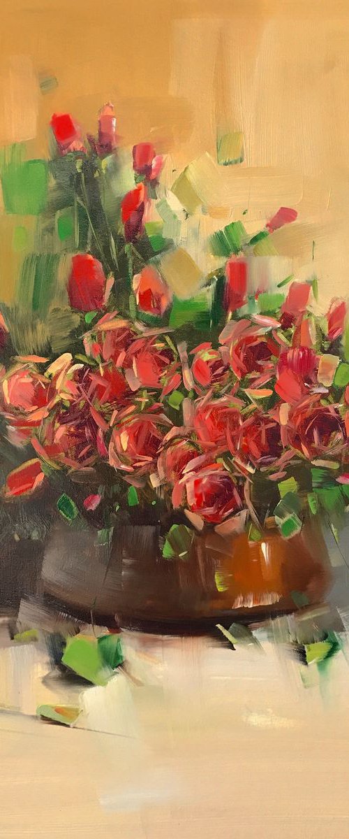 Vase of Roses, Oil painting, One of a kind, Signed, Handmade artwork by Vahe Yeremyan