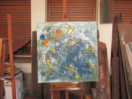 crasy blue fishes - acrylpainting 90x90cm 35,4  x 35,4 inch