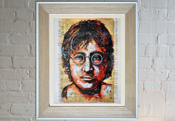 John Lennon - Collage Art on Large Real English Dictionary Vintage Book Page