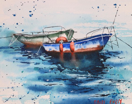 Reflections of boats. Watercolor artwork.