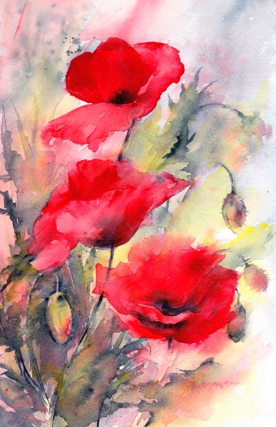 Poppy painting, Original watercolour, Floral art, Poppies, Red