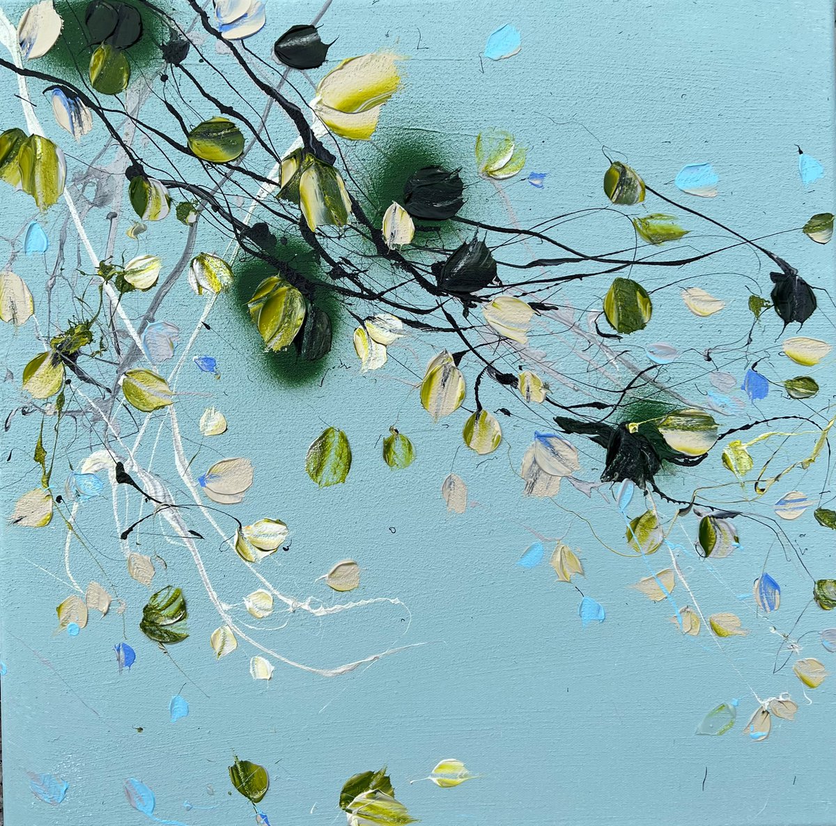 Structure impasto acrylic painting with abstract flowers 50x50cm Small Pistachio by Anastassia Skopp