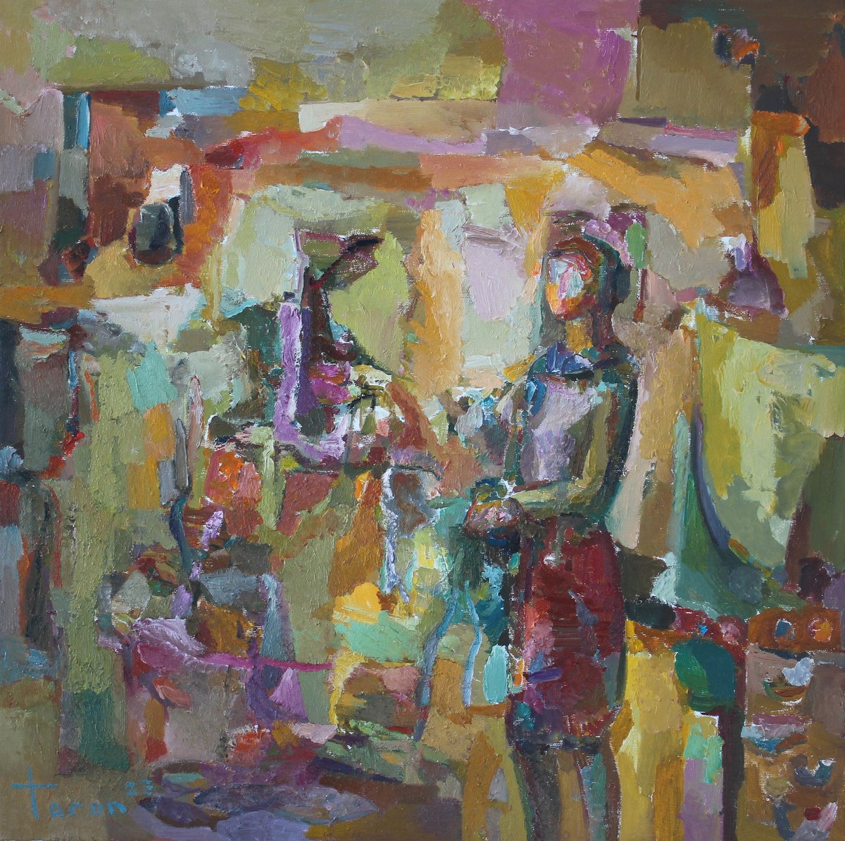 Abstract Portrait Oil Painting By Taron Khachatryan, 22 X 22", Shopping, Original Artwork