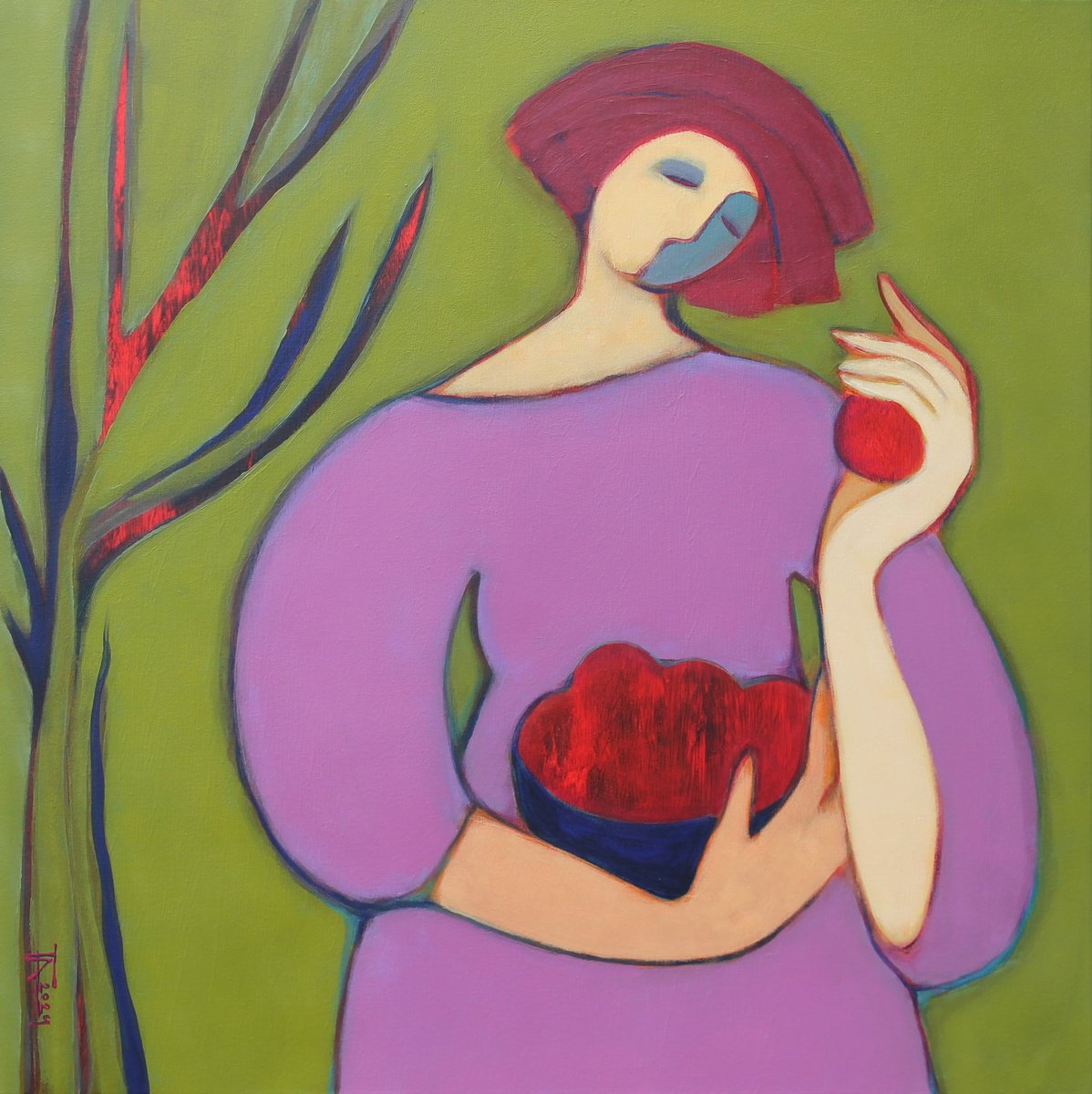 Expressive Portrait Acrylic Painting By Tatjana Auschew, 31 X 31", The Last Apples., Original Artwork