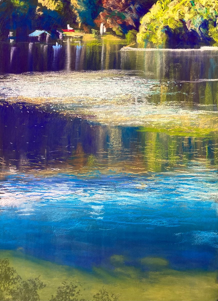 Impressionistic Landscape Pastel Drawing By John Cottee, 22 X 30, By The Lake, Original Artwork