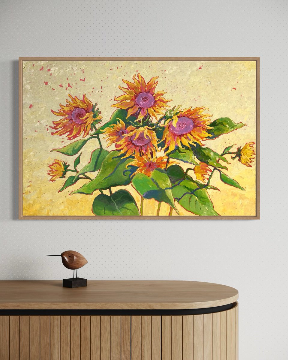 Impressionistic Landscape Oil Painting By Volodymyr Smoliak, 35 X 24", Sunflower Symphony, Original Artwork