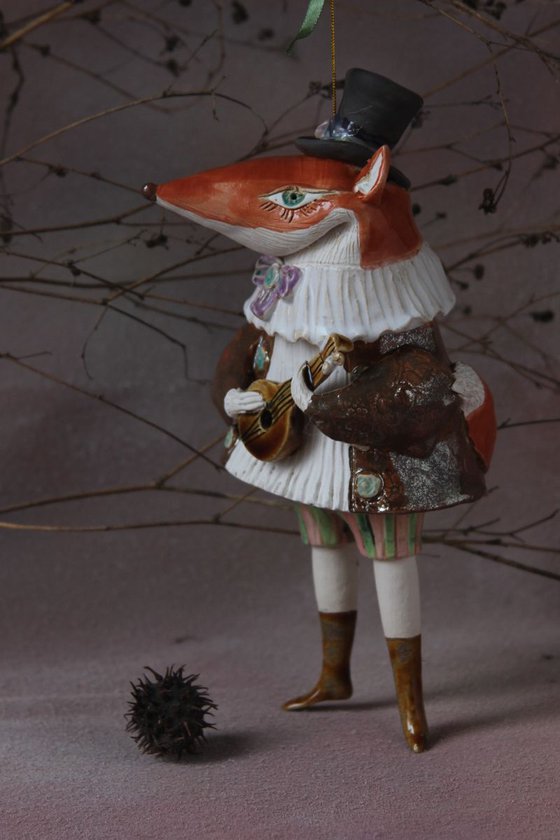 FOXY WITH A MANDOLIN, SCULPTURED CERAMIC BELL DOLL 2018