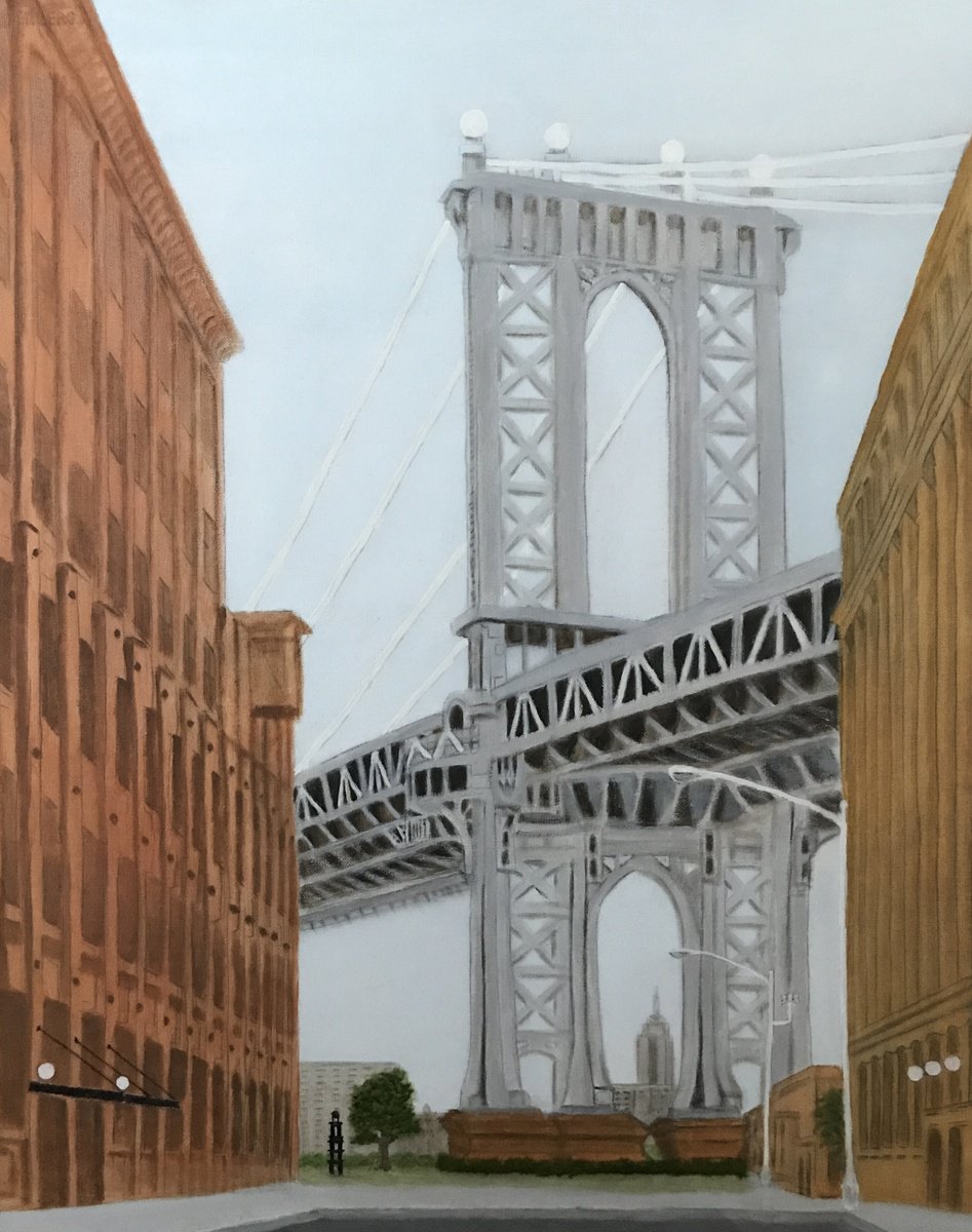 Photorealistic Cityscapes Oil Painting By Leslie Dannenberg, 24 X 30", Manhattan Bridge, Original Artwork