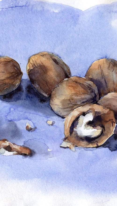 Watercolor still life of walnuts, Vegetarian art for kitchen by Yulia Evsyukova