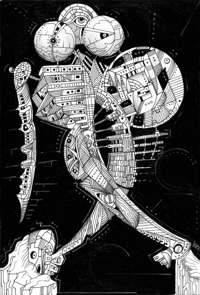 Surrealistic Portrait Drawing By Spencer John Derry, 8 X 12", Futuristic Model X, Original Artwork