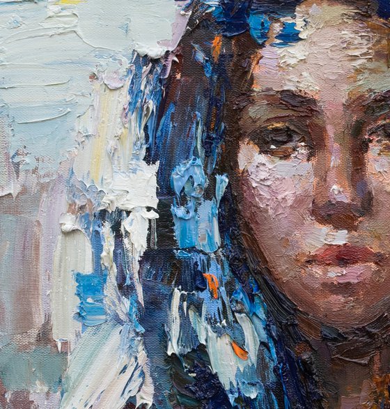 Woman in Blue head scarf - Original oil painting