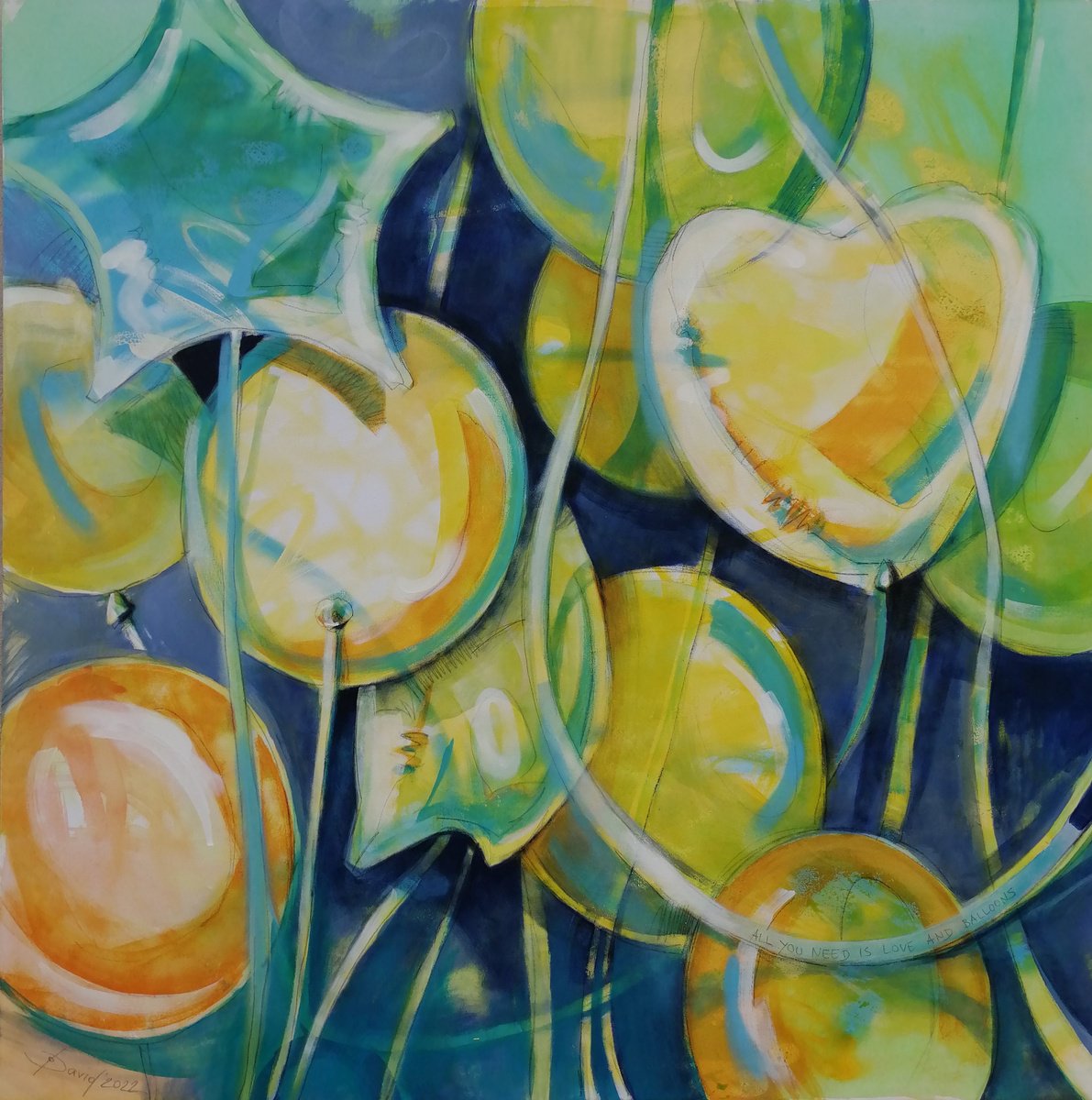 Expressive Still Life Painting By Olga David, 47 X 47", All You Need Is Love And Balloons, Original Artwork