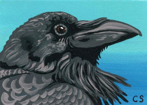 ACEO ATC Original Miniature Painting Crow Raven Bird Wildlife Art-Carla Smale