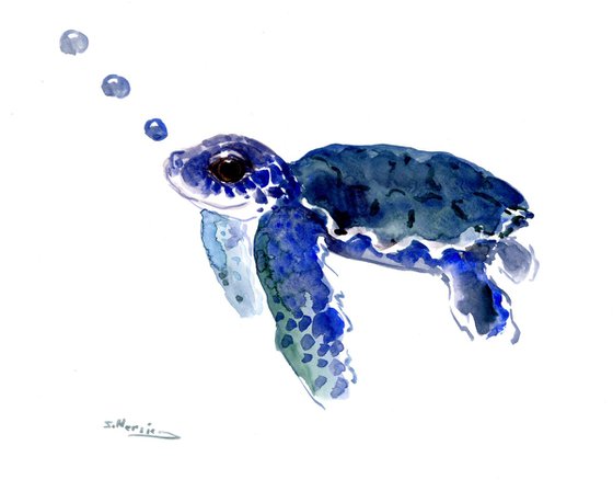 Baby Sea Turtle, Blue sea turtle painting