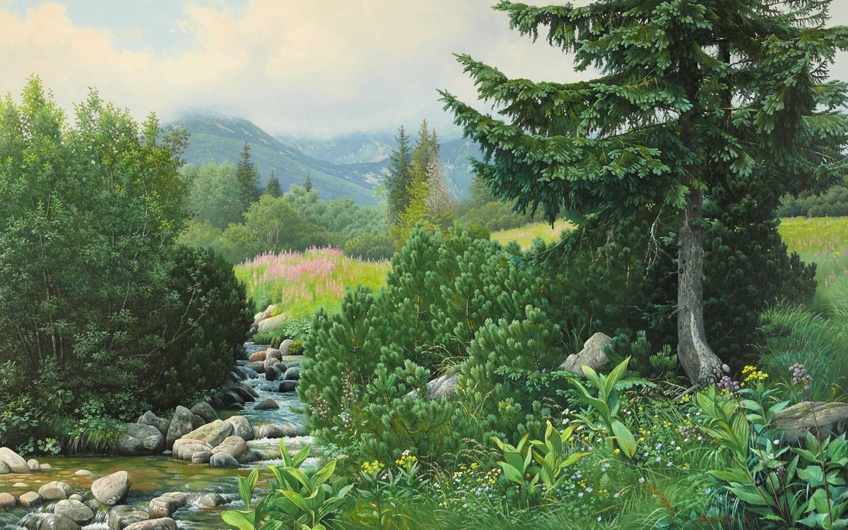 Photorealistic Landscape Oil Painting By Mlynarcik Emil, 31 X 20", Spring Mountain Landscape, Original Artwork